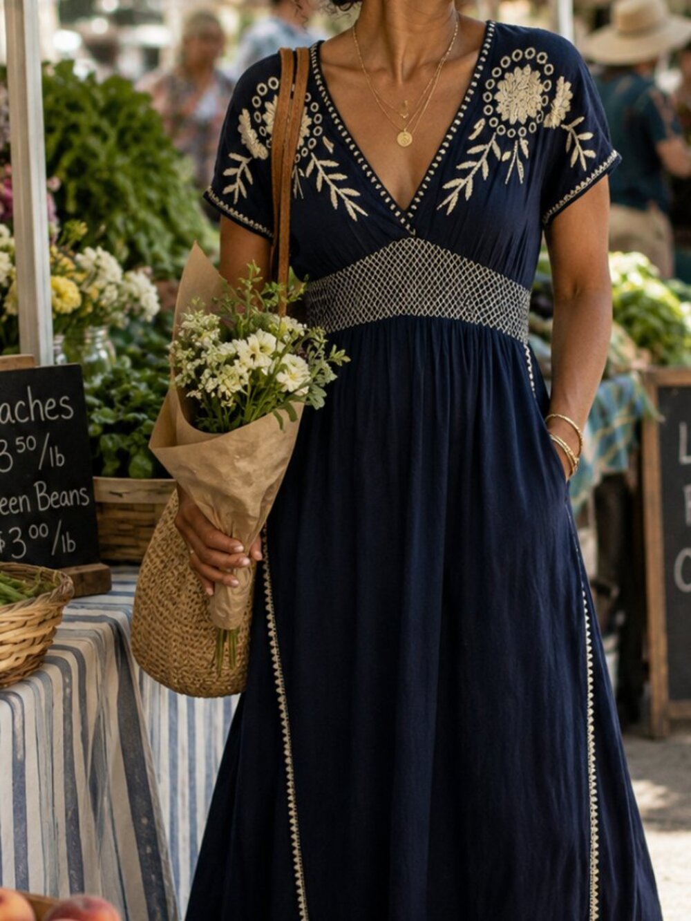 Monsoon Navy Embroidered Boho Maxi Dress Small Floral Empire Waist Cottagecore